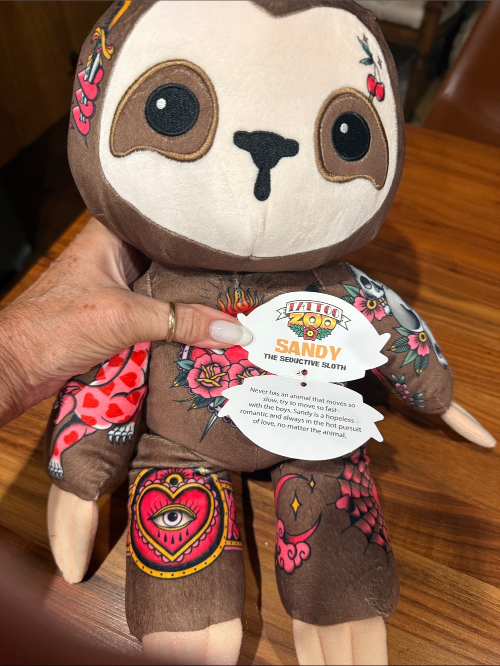 Sandy Plush Sloth Toy - Brown with Pink Tattoo Accents
